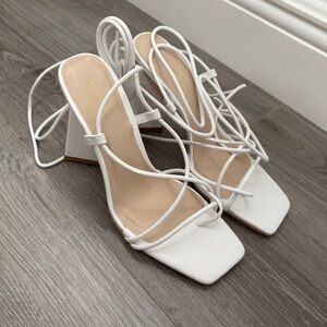 PrettyLittleThing White Lace Up Block Heel Sandals | Square Toe Strappy Heels